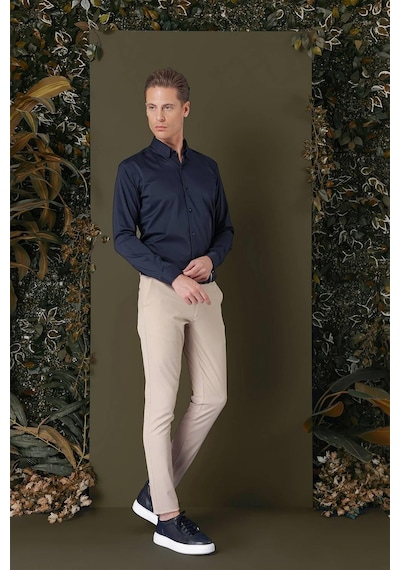 Efor Slim Fit Düğmeli Yaka Esnek Pamuk Klasik Lacivert Gömlek Gk 708 Lacivert