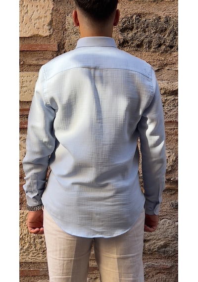 Slim Fit Uzun Kol Müslin Pamuk Rahat Nefes Alabilen Kumaştan Yaka Düğmeli Hediye Kutulu Erkek Gömlek Fs-004202 - Açık Mavi-2870 Açık Mavi