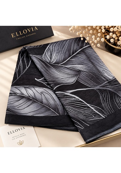 Ellovia Siyah Yaprak Desenli İpek Eşarp
