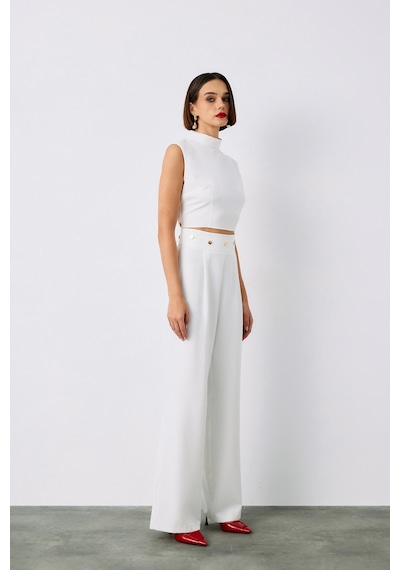 Sateen Bel Aksesuarlı Pantolon - Ekru-135212 Ekru