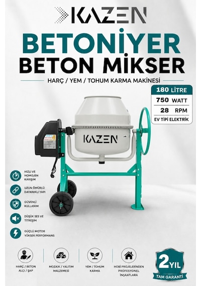 Kazen 180 Litre - Orta Boy Betoniyer Beton Mikser Beton Harç Yem Tohum Karma Makinesi - 3. Nesil