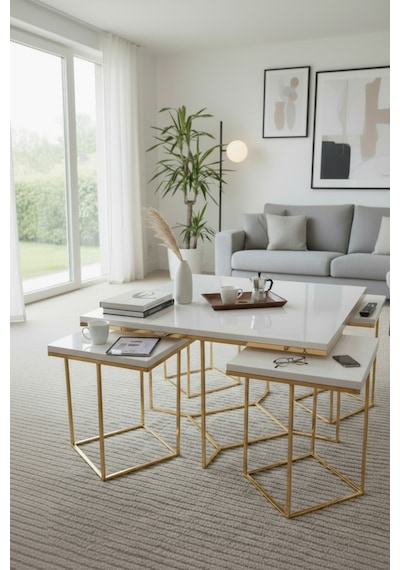 Usta Mekan Monza 5 Li Gold Beyaz 4+1 Kare Orta Sehpa Altın Usta Mekan Monza 5 Li Gold Beyaz 4+1 Kare Orta Sehpa Altın