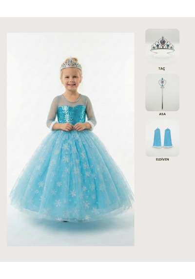 Butikhappykids Frozen Elsa Kostümü Uzun Kollu Kız Çocuk Prenses Elbisesi Taç+asa+eldiven Hediyeli Mavi