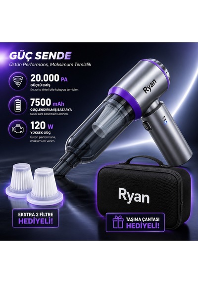 Araç İçi Süpürge Kablosuz Şarjlı El Süpürgesi 20.000pa Gerçek Emiş Gücü 120w Güç 7500mah Güçlendirilmiş Batarya Ry-vc10