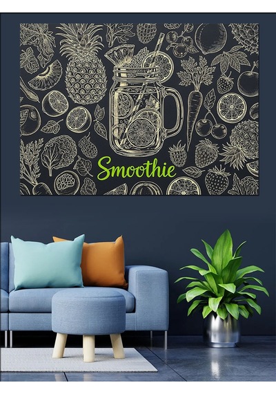 Siyah Beyaz Meyve Desenleri Ve Smoothie Bardağı Dekoratif Kanvas - Mdf Ahşap Tablo