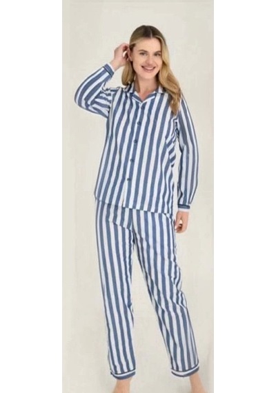Freshness 4007 Kadın Uzun Kol Çizgili Gaffuriye Pijama Takımı Mavi