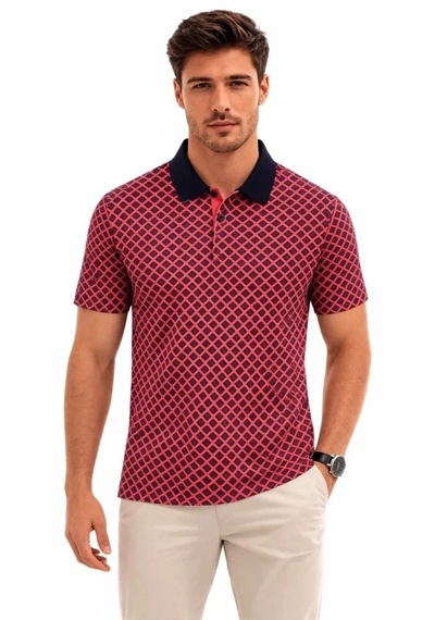 Modi Erkek Pike Kumaş Polo Yaka Desenli Tişört Kısa Kol Yazlık T-shirt - Kırmızı Açık Kırmızı