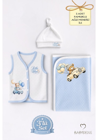 Babyden's Erkek Bebek 3 Lü Set Yenidoğan Bebek Seti, Jakarlı Battaniye, Şapka, Yelek 3-6 AY