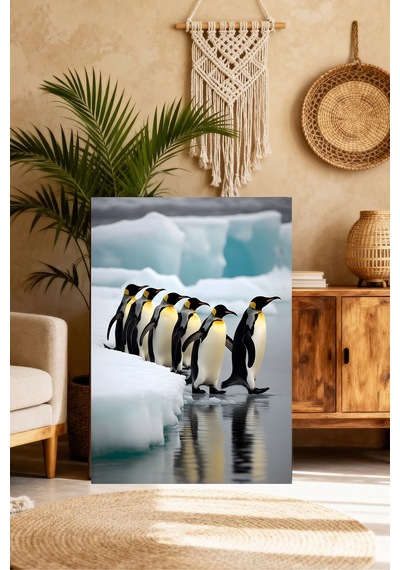 Penguen Ailesi Karlı Manzara Tablo - Antarktika Penguenleri Grup Portresi Duvar Sanatı