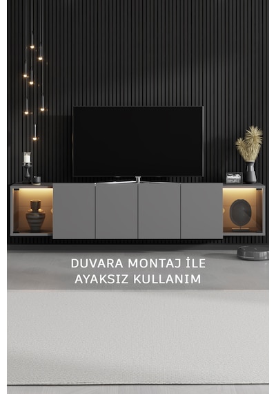 Zenit Siyah Demir Ayaklı Rgb Led Işık Sistemli Antrasit Tv Ünitesi Tv Sehpası Antrasit