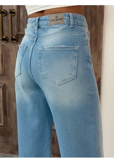 Kadın Wide-leg Yüksek Bel Geniş Paça Kot Pantolon Açık Mavi Mavi+açık Mavi