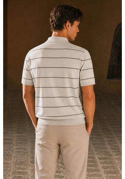 Tarz Cool Erkek Old Money Çizgili Polo Yaka Triko Tişört Slim Fit Bej