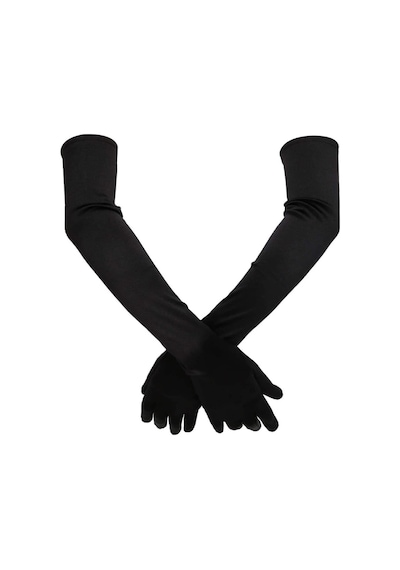 Saten Likrali Uzun Parmaklı Eldiven 58 Cm-dans & Opera Eldiveni Siyah