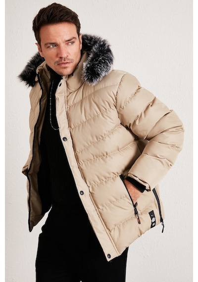 Buratti Slim Fit Suni Kürklü Peluş Astarlı Çıkarılabilir Kapüşonlu Şişme Erkek Mont 5761080 B Taş