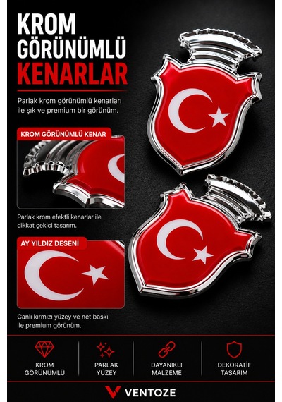 2 Adet Bayrak Krom Görünümlü Pleksi Arma Oto Dekoratif Etiket Çiftli Set 5,5x3,5 Cm