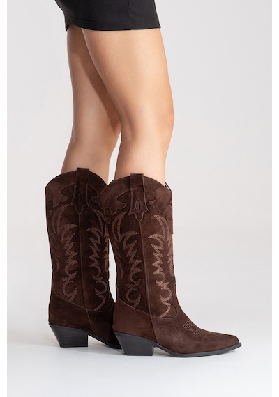 Luvishoes Matıas Kahverengi Süet Hakiki Deri Kadın Nakışlı Western Çizme Kahverengi