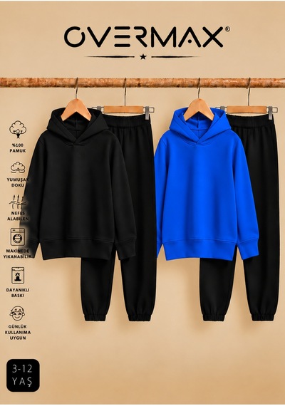 Overmax 2 Li Çocuk Kapüşonlu Eşofman Takımı Sweatshirt & Eşofman Altı 3-12 Yaş Siyah-siyah, Saks Mavi-siyah - 919953561 Siyah-siyah, Saks Mavi-siyah