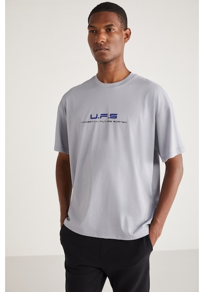 Grımelange Crıspın Erkek Bisiklet Yaka %100 Pamuk Baskı Detaylı Açık Gri T-shirt
