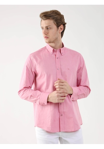 Dufy Pembe Erkek Regular Fit Brent Düğmeli Yaka Uzun Kol Gömlek - 94867 Pembe
