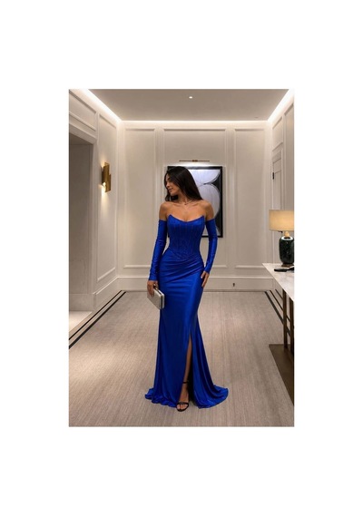 Lior Design Kadın İnce İşçilik Straplez Yırtmaçlı Abiye Elbise Saks