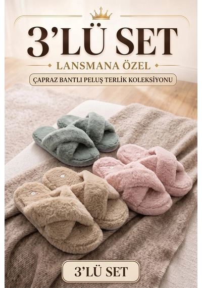 3 Lü Avantajlı Paket Kışlık Peluş Desenli Sessiz Ortopedik Taban Çeyiz Misafir Ev Terliği Seti 3'lü Lori