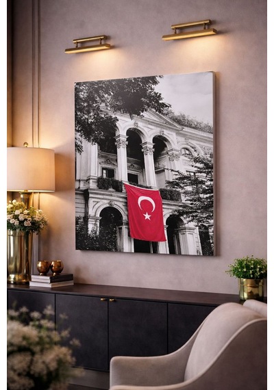 Türk Bayraklı Tarihi Bina Kanvas Tablo Modern Salon Duvar Dekoru Siyah Beyaz Kırmızı Konsept