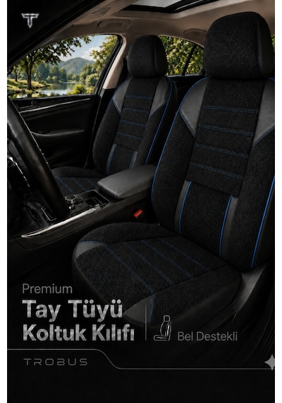 Nova Serisi Tay Tüyü Bel Destekli Siyah Mavi Premium Üniversal Koltuk Kılıfı Tam Set