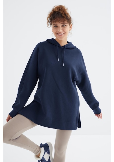 Tommy Life İndigo Reglan Kol Basic Kapüşonlu Oversize Sweatshirt Tunik - 97242 İndigo