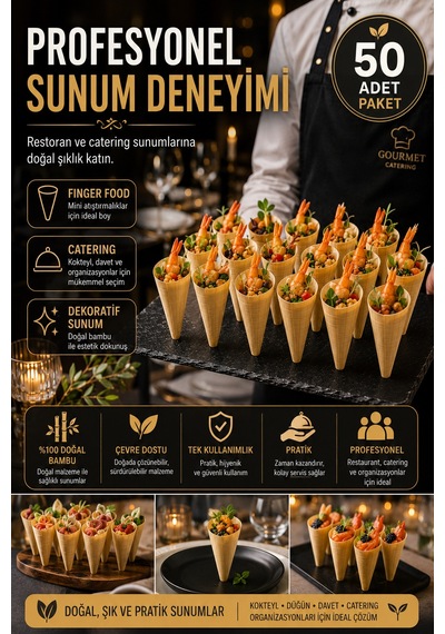 50'li Pkt Mini Bambu Sunum Korneti 6x3,5 Cm Doğal Sunum Külahı Kokteyl Catering Finger Food Sunumluk