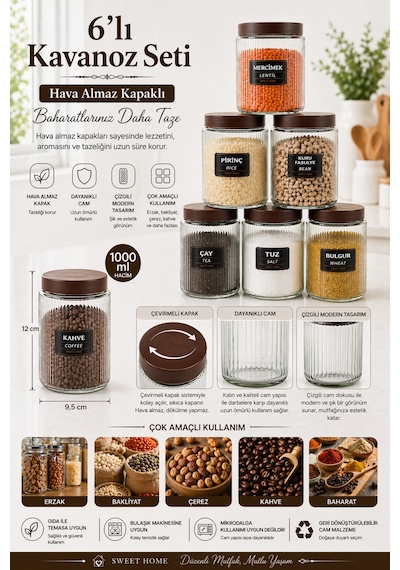 Naturelove 6 Adet Hava Almaz Kapaklı Cam Kavanoz Erzak Saklama Kabı 1000 Ml Şeffaf
