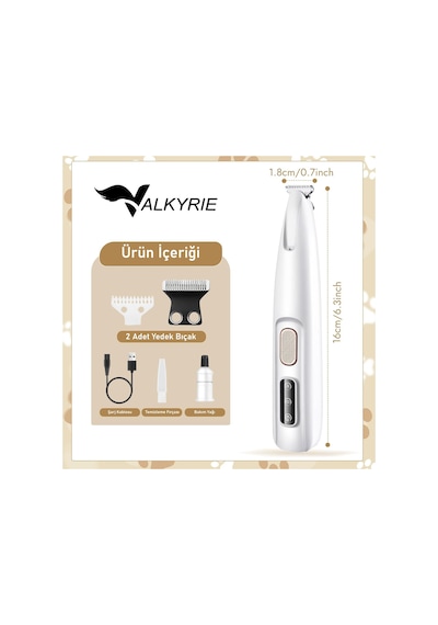 Valkyrie Kedi Köpek Pati Tüy Kesme Makinesi Şarjlı Sessiz Led Işıklı Hassas Bölge Traş Cihazı Seramik Bıçaklı