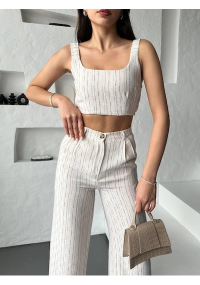 Eke Tekstil Camel Çizgili Crop Pantolon Keten Takım-camel Camel