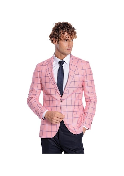 Wessi Mavi Kare Desenli Slim Fit Pembe Erkek Ceket 001