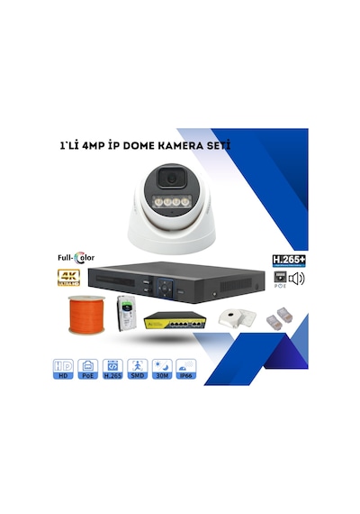 1'li Güvenlik Ip Dome Kamera Seti - 4mp Dış Mekan Kamera, 3.6mm Lens