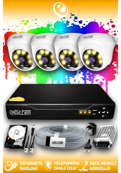 Elitcam 4 Kameralı Dome 4 İç Kamera Set 1 TB HDD Full HD Renkli Gece Görüşlü Güvenlik Kamerası Sistemi