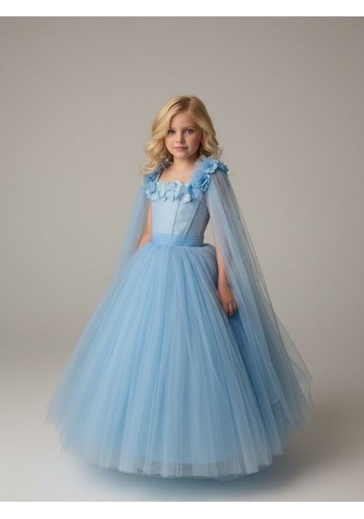 Zekids Kız Çocuk Kol Detaylı Prenses Model Abiye Elbise-17245 Mavi