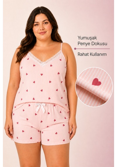 Bravie Kadın Büyük Beden İp Askılı Yakası Dantelli İnce Çizgili Kalp Desenli Yazlık Pijama Takımı Turuncu Bravie Kadın Büyük Beden İp Askılı Yakası Dantelli İnce Çizgili Kalp Desenli Yazlık Pijama Takımı Turuncu