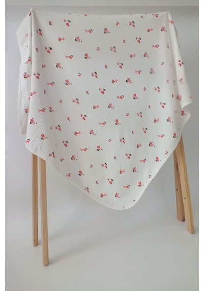 Ekru Çiçekli %100 Pamuklu 80x90 Cm Tek Kat Bebek Battaniye Ekru
