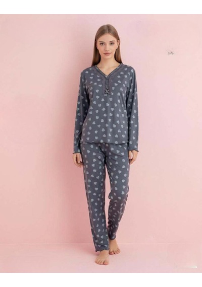 Pijamerry Kadın Bambu Baharlık Dantel Yaka Uzun Kol İnce Pijama Takımı 5204f - 1 Adet Füme