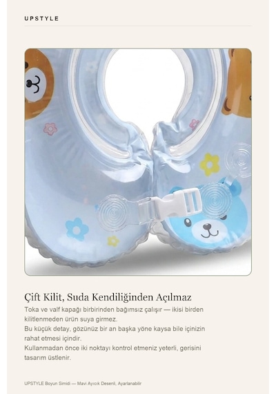 Oglo Ayıcık Temalı Süngerli Çocuk Yüzme Simidi Çift Emniyetli Kilit Mavi