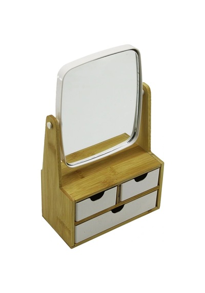 3 Çekmeceli Bambu Ahşap Standlı 9x9.5x18x21.5cm Makyaj Aynası 15x18cm Takılık 2+1 Organizer Çok Renkli