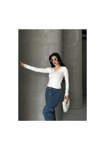 Dima Fashion Dantel Detaylı Bluz Beyaz