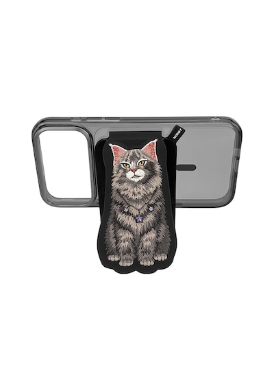 Manyetik Standlı İphone 18 Pro Max Uyumlu 3d Nakışlı Kedili Değiştirilebilir Kartlıklı Kılıf Siyah