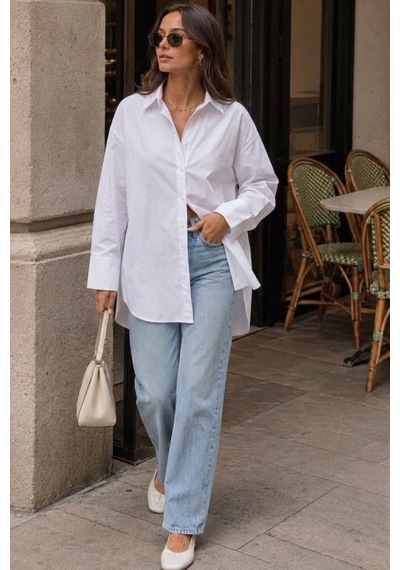 Seeh Beyaz Oversize Basic Kadın Gömlek Sh268