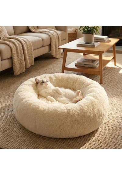 Go İthalat Yuvarlak Ultra Yumuşak Welsoft Peluş Kedi Ve Köpek Yatağı Kaymaz Taban Tüylü Pet Pufu,u