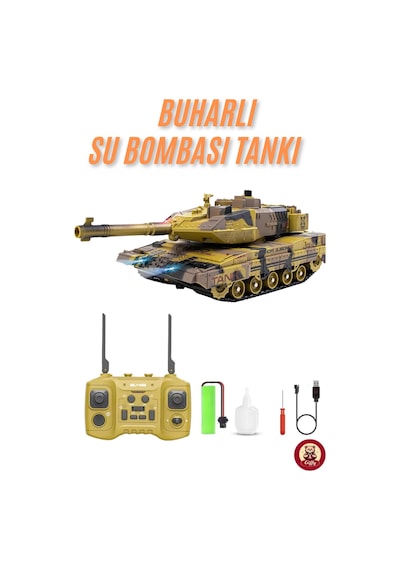 Oyuncak 2.4 Uzaktan Kumandalı Su Bombası Atan Tank Buharlı 1200 Şarjlı Sesli Gövdesi 360 Hareketli Gövde Sarı
