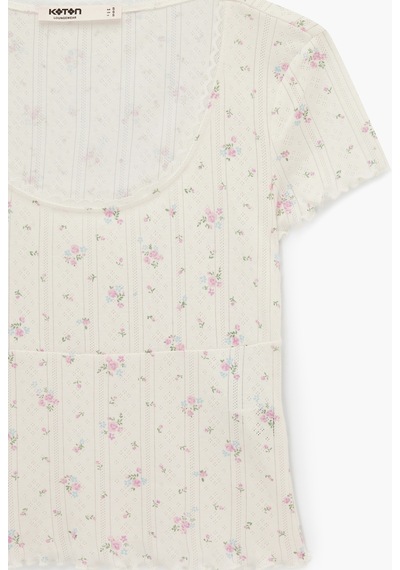 Koton Pamuklu Yuvarlak Yaka Kısa Kollu Çiçek Desenli Pijama Üstü Ekru Desenli 6slk40180mk