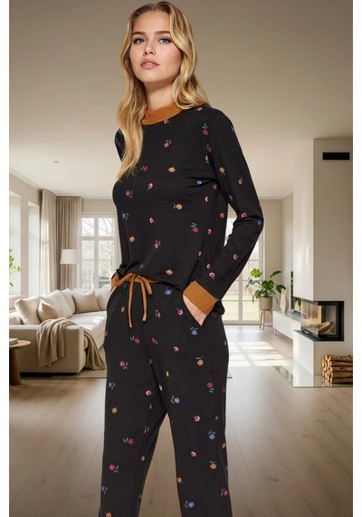 Ersefa Rahat Kesim %100 Pamuk Çiçek Desenli Pijama Takımı Modern Stil Gü Siyah