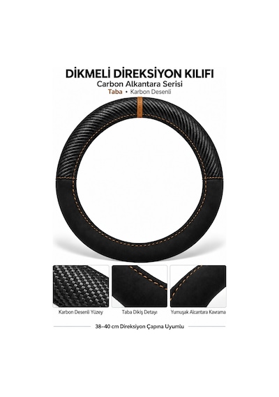Trobus Audi Q3 2019-2025 Uyumlu Dikmeli Direksiyon Kılıfı Carbon Alkantara Karbon Desenli Taba