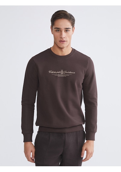 Lcwaıkıkı Classic Kahverengi Standart Kalıp Bisiklet Yaka Baskılı Erkek Kalın Sweatshirt